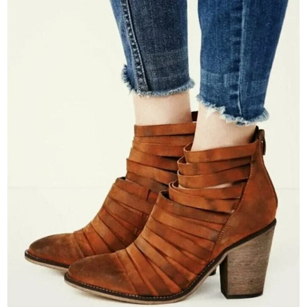NEW Free People Hybrid Heel Boots Terracotta Tan Destroyed Leather Ankle Booties - Picture 2 of 12